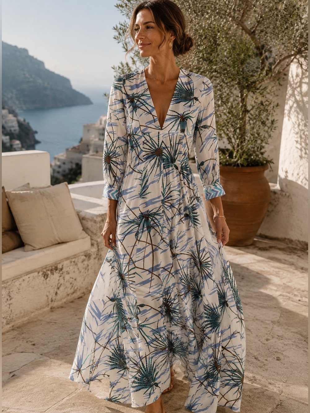 Emporio Sirenuse Lena Papyrus Floral Maxi Dress 8 Cotton Resort Italy